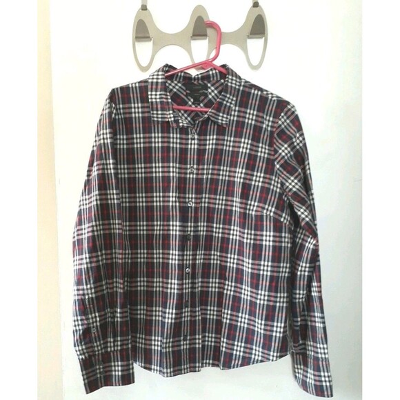 J. Crew top The Perfect Shirt Navy Blue Plaid Top Button Down Shirt  Xl Cotton - Picture 1 of 4